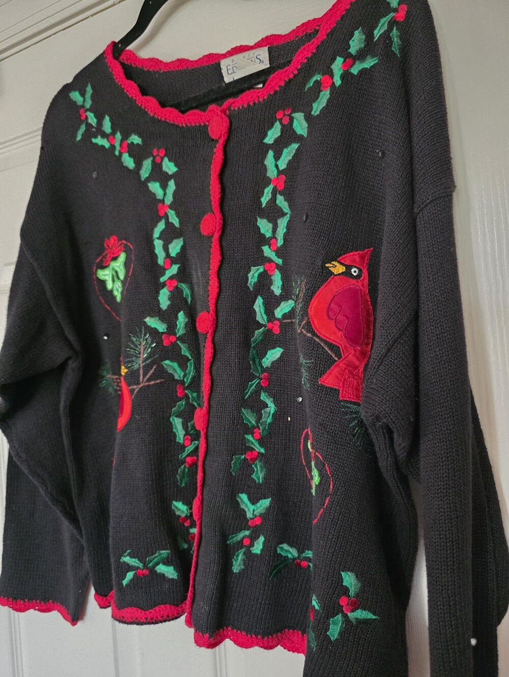 Vintage 90s Christmas Cardigan Sweater Cardinal Bird Holly Cute Cotton Blend L